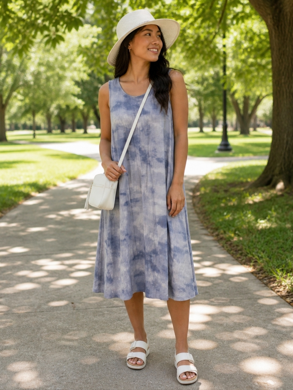 Sleeveless Blue Tie-Dye Swing Dress